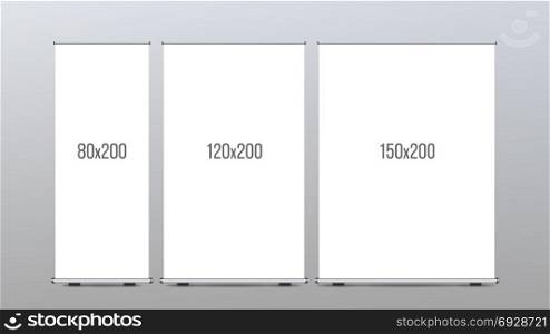 Roll Up Banner Stand Vector. Vertical Board Set For Trade Advertising Design. Corporate Business Roll Up. Empty Template.. Roll Up Banner Stand Vector. Presentation Concept. Vertical Display. Poster For Shop. Empty Blank. Realistic Illustration