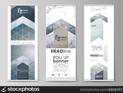 Roll up banner stands, abstract geometric design, business concept, corporate vertical vector flyers, flag layouts. DNA and neurons molecule structure. Medicine, science concept. Scalable graphic.. Set of roll up banner stands, flat design templates, abstract geometric style, modern business concept, corporate vertical vector flyers, flag layouts. DNA and neurons molecule structure. Medicine, science, technology concept. Scalable graphic.