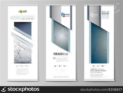 Roll up banner stands, abstract geometric design, business concept, corporate vertical vector flyers, flag layouts. DNA and neurons molecule structure. Medicine, science concept. Scalable graphic.. Set of roll up banner stands, flat design templates, abstract geometric style, modern business concept, corporate vertical vector flyers, flag layouts. DNA and neurons molecule structure. Medicine, science, technology concept. Scalable graphic.