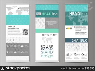Roll up banner stands, abstract geometric design, corporate vertical vector flyers, flag layouts. Chemistry pattern, hexagonal molecule structure on blue. Medicine, science and technology concept.. Set of roll up banner stands, flat design templates, abstract geometric style, modern business concept, corporate vertical vector flyers, flag layouts. Chemistry pattern, hexagonal molecule structure on blue. Medicine, science and technology concept.