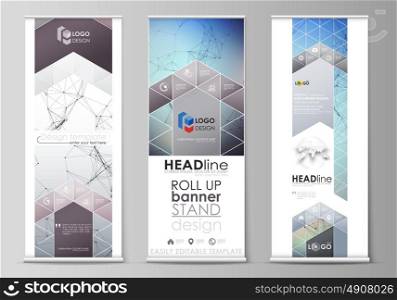 Roll up banner stands, abstract geometric design templates, vertical vector flyers, flag layouts. Compounds lines and dots. Big data visualization in minimal style. Graphic communication background.. Set of roll up banner stands, flat design templates, abstract geometric style, modern business concept, corporate vertical vector flyers, flag layouts. Compounds lines and dots. Big data visualization in minimal style. Graphic communication background.