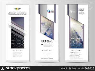 Roll up banner stands, abstract geometric style templates, corporate vertical vector flyers, flag banner layouts. Chemistry pattern, hexagonal molecule structure. Medicine, science, technology concept.