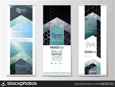 Roll up banner stands, abstract geometric style templates, corporate vertical vector flyers, flag banner layouts. Chemistry pattern, hexagonal molecule structure. Medicine, science, technology concept.