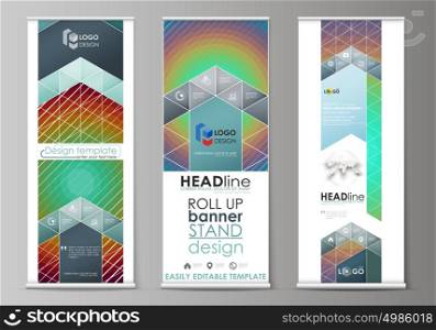Roll up banner stands, abstract geometric style templates, corporate vertical vector flyers, flag layouts. Minimalistic design with circles, diagonal lines. Geometric shapes forming retro background.. Set of roll up banner stands, flat design templates, abstract geometric style, modern business concept, corporate vertical vector flyers, flag layouts. Minimalistic design with circles, diagonal lines. Geometric shapes forming beautiful retro background.