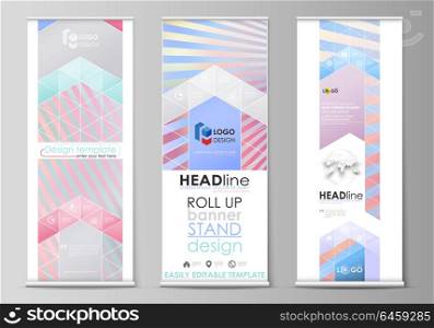 Roll up banner stands, abstract geometric style templates, corporate vertical vector flyers, flag layouts. Sweet pink and blue decoration, pretty romantic design, cute candy background.. Set of roll up banner stands, flat design templates, abstract geometric style, modern business concept, corporate vertical vector flyers, flag layouts. Sweet pink and blue decoration, pretty romantic design, cute candy background.
