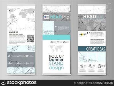 Roll up banner stands, abstract geometric style templates, vertical vector flyers, flag layouts. Chemistry pattern, connecting lines and dots, molecule structure on white, geometric graphic background. Set of roll up banner stands, flat design templates, abstract geometric style, modern business concept, corporate vertical vector flyers, flag layouts. Chemistry pattern, connecting lines and dots, molecule structure on white, geometric graphic background.