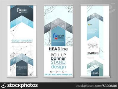 Roll up banner stands, abstract geometric style templates, vertical vector flyers, flag layouts. Chemistry pattern, connecting lines and dots, molecule structure on white, geometric graphic background. Roll up banner stands, abstract geometric style templates, vertical vector flyers, flag layouts. Chemistry pattern, connecting lines and dots, molecule structure, geometric graphic background