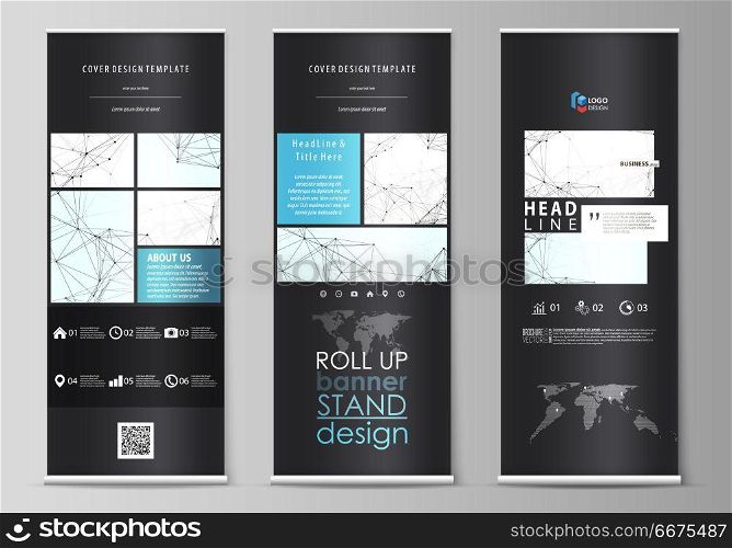 Roll up banner stands, abstract geometric style templates, vertical vector flyers, flag layouts. Chemistry pattern, connecting lines and dots, molecule structure on white, geometric graphic background. Set of roll up banner stands, flat design templates, abstract geometric style, modern business concept, corporate vertical vector flyers, flag layouts. Chemistry pattern, connecting lines and dots, molecule structure on white, geometric graphic background.