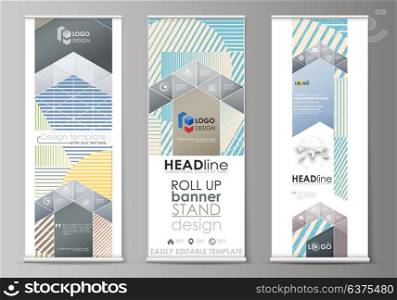 Roll up banner stands, abstract style templates, modern business concept, corporate vertical vector flyers, flag layouts. Minimalistic design with lines, geometric shapes forming beautiful background.. Set of roll up banner stands, flat design templates, abstract geometric style, modern business concept, corporate vertical vector flyers, flag layouts. Minimalistic design with lines, geometric shapes forming beautiful background.
