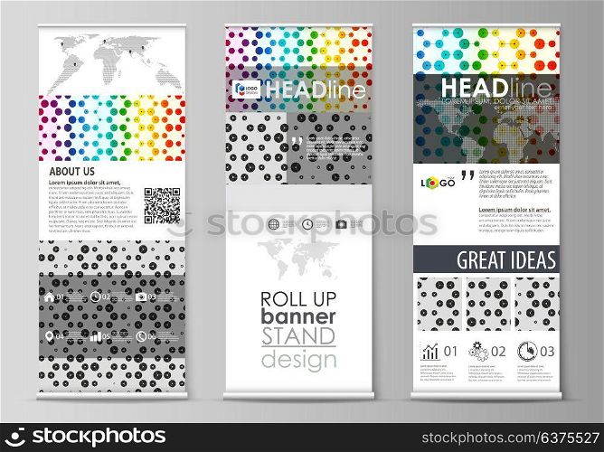 Roll up banner stands, flat abstract style templates, corporate vertical vector flyers, flag layouts. Chemistry pattern, hexagonal design molecule structure. Geometric colorful background.. Set of roll up banner stands, flat design templates, abstract geometric style, modern business concept, corporate vertical vector flyers, flag layouts. Chemistry pattern, hexagonal design molecule structure, scientific, medical DNA research. Geometric colorful background.