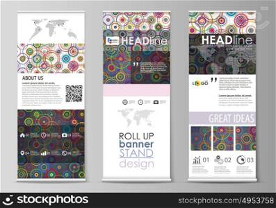Roll up banner stands, flat design templates, abstract geometric business concept, corporate vector flyers, flag layouts. Bright color background in minimalist style made from colorful circles.. Set of roll up banner stands, flat design templates, abstract geometric style, modern business concept, corporate vertical vector flyers, flag layouts. Bright color background in minimalist style made from colorful circles.