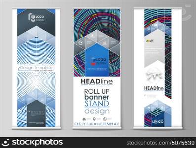 Roll up banner stands, flat design templates, abstract geometric minimalist style, business concept, corporate vertical vector flyers, flag layouts. Blue color background made from colorful circles.. Set of roll up banner stands, flat design templates, abstract geometric minimalist style, modern business concept, corporate vertical vector flyers, flag layouts. Blue color background made from colorful circles.