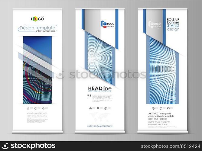 Roll up banner stands, flat design templates, abstract geometric minimalist style, business concept, corporate vertical vector flyers, flag layouts. Blue color background made from colorful circles.. Set of roll up banner stands, flat design templates, abstract geometric minimalist style, modern business concept, corporate vertical vector flyers, flag layouts. Blue color background made from colorful circles.