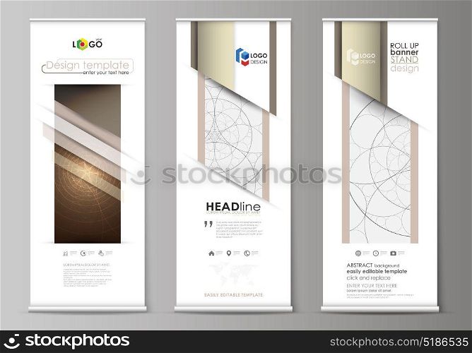 Roll up banner stands, flat design templates, abstract geometric style, corporate vertical vector flyers, flag layouts. Alchemical theme. Fractal art background. Sacred geometry. Mysterious pattern.. Set of roll up banner stands, flat design templates, abstract geometric style, modern business concept, corporate vertical vector flyers, flag layouts. Alchemical theme. Fractal art background. Sacred geometry. Mysterious relaxation pattern.
