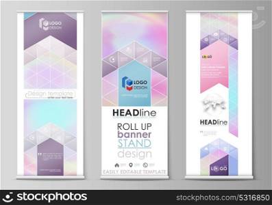 Roll up banner stands, flat design templates, abstract geometric style, corporate vertical vector flyers, flag layouts. Hologram, background with holographic effect. Blurred pattern, surreal texture.. Set of roll up banner stands, flat design templates, abstract geometric style, modern business concept, corporate vertical vector flyers, flag layouts. Hologram, background in pastel colors with holographic effect. Blurred colorful pattern, futuristic surreal texture.