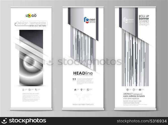 Roll up banner stands, flat design templates, abstract geometric style, corporate vertical vector flyers, flag layouts. Simple monochrome geometric pattern. Minimalistic background. Gray color shapes.. Set of roll up banner stands, flat design templates, abstract geometric style, modern business concept, corporate vertical vector flyers, flag layouts. Simple monochrome geometric pattern. Minimalistic background. Gray color shapes.