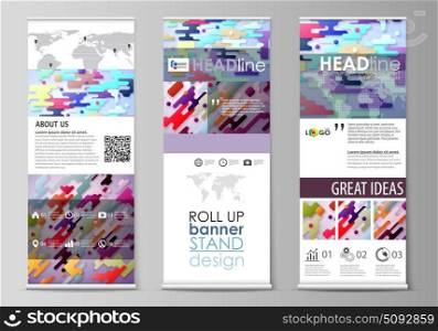 Roll up banner stands, flat design templates, abstract style, corporate vertical vector flyers, flag layouts. Bright color colorful minimalist backdrop with geometric shapes, minimalistic background.. Set of roll up banner stands, flat design templates, abstract geometric style, modern business concept, corporate vertical vector flyers, flag layouts. Bright color lines and dots, colorful minimalist backdrop with geometric shapes forming beautiful minimalistic background.