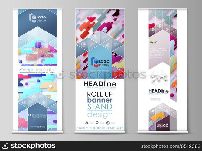 Roll up banner stands, flat design templates, abstract style, corporate vertical vector flyers, flag layouts. Bright color colorful minimalist backdrop with geometric shapes, minimalistic background.. Set of roll up banner stands, flat design templates, abstract geometric style, modern business concept, corporate vertical vector flyers, flag layouts. Bright color lines and dots, colorful minimalist backdrop with geometric shapes forming beautiful minimalistic background.