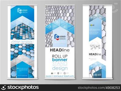Roll up banner stands, flat design templates, business concept, corporate vertical vector flyers, flag layouts. Blue and gray color hexagons in perspective. Abstract polygonal style modern background.. Set of roll up banner stands, flat design templates, abstract geometric style, modern business concept, corporate vertical vector flyers, flag layouts. Blue and gray color hexagons in perspective. Abstract polygonal style modern background.