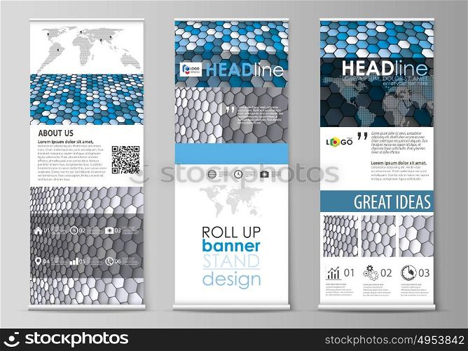 Roll up banner stands, flat design templates, business concept, corporate vertical vector flyers, flag layouts. Blue and gray color hexagons in perspective. Abstract polygonal style modern background.. Set of roll up banner stands, flat design templates, abstract geometric style, modern business concept, corporate vertical vector flyers, flag layouts. Blue and gray color hexagons in perspective. Abstract polygonal style modern background.