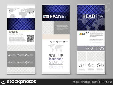 Roll up banner stands, flat design templates, business concept, corporate vertical vector flyers, flag layouts. Shiny fabric, rippled texture, white and blue silk, colorful vintage style background.. Set of roll up banner stands, flat design templates, abstract geometric style, modern business concept, corporate vertical vector flyers, flag layouts. Shiny fabric, rippled texture, white and blue color silk, colorful vintage style background.