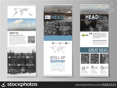 Roll up banner stands, flat design templates, business concept, corporate vertical vector flyers, flag layouts. Abstract landscape of nature. Dark pattern in geometric vintage style, mosaic texture.. Set of roll up banner stands, flat design templates, abstract geometric style, modern business concept, corporate vertical vector flyers, flag layouts. Abstract landscape of nature. Dark color pattern in vintage style, mosaic texture.