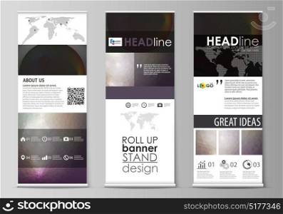 Roll up banner stands, flat design templates, business concept, corporate vertical vector flyers, flag layouts. Dark color triangles, colorful circles. Abstract polygonal style modern background. Roll up banner stands, flat design templates, business concept, corporate vertical vector flyers, flag layouts. Dark color triangles, colorful circles. Abstract polygonal style modern background.