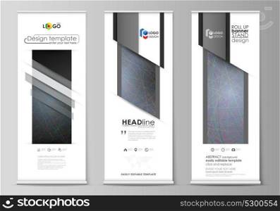 Roll up banner stands, flat design templates, business concept, corporate vertical vector flyers, flag layouts. Colorful dark background with abstract lines. Bright color chaotic, messy curves. Roll up banner stands, flat design templates, business concept, corporate vertical vector flyers, flag layouts. Colorful dark background with abstract lines. Bright color chaotic, messy curves.