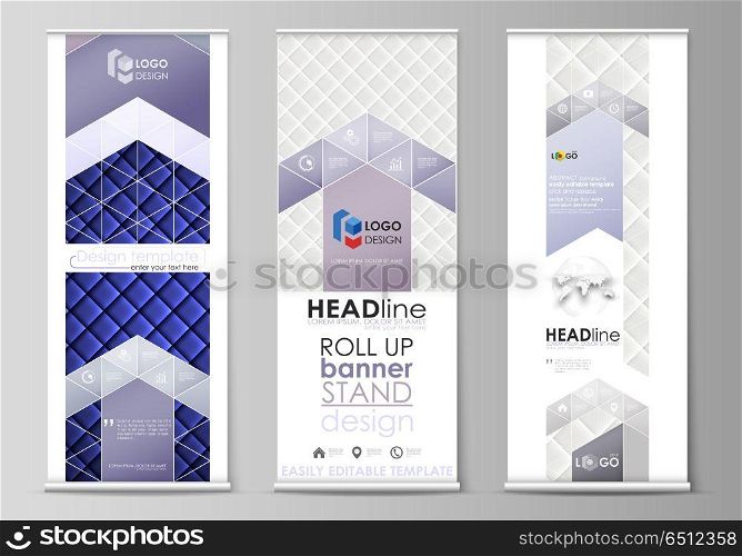Roll up banner stands, flat design templates, business concept, corporate vertical vector flyers, flag layouts. Shiny fabric, rippled texture, white and blue silk, colorful vintage style background.. Set of roll up banner stands, flat design templates, abstract geometric style, modern business concept, corporate vertical vector flyers, flag layouts. Shiny fabric, rippled texture, white and blue color silk, colorful vintage style background.