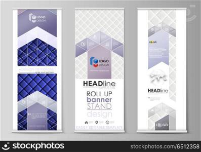 Roll up banner stands, flat design templates, business concept, corporate vertical vector flyers, flag layouts. Shiny fabric, rippled texture, white and blue silk, colorful vintage style background.. Set of roll up banner stands, flat design templates, abstract geometric style, modern business concept, corporate vertical vector flyers, flag layouts. Shiny fabric, rippled texture, white and blue color silk, colorful vintage style background.