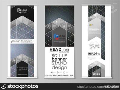 Roll up banner stands, flat design templates, business concept, corporate vertical vector flyers, flag layouts. Colorful dark background with abstract lines. Bright color chaotic, random, messy curves. Set of roll up banner stands, flat design templates, abstract geometric style, modern business concept, corporate vertical vector flyers, flag layouts. Colorful dark background with abstract lines. Bright color chaotic, random, messy curves. Colourful vector decoration.