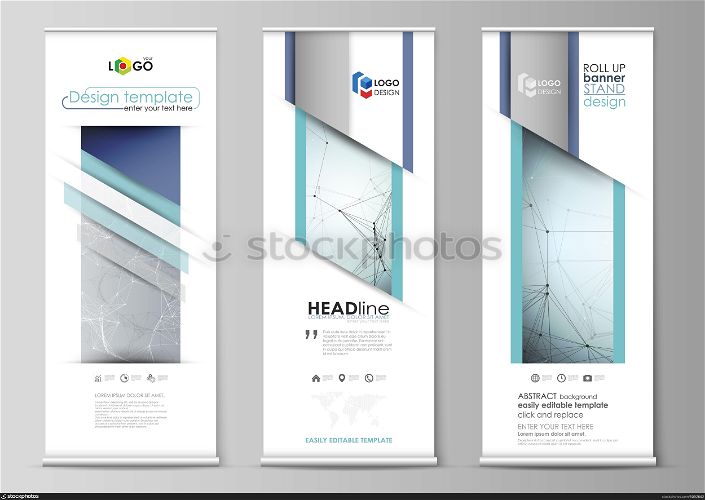 Roll up banner stands, flat design templates, corporate vertical vector flyers, flag layouts. Chemistry pattern, connecting lines and dots, molecule structure, scientific medical DNA research.. Set of roll up banner stands, flat design templates, abstract geometric style, modern business concept, corporate vertical vector flyers, flag layouts. Chemistry pattern, connecting lines and dots, molecule structure, scientific medical DNA research.