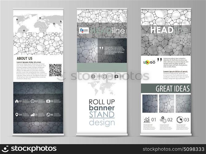 Roll up banner stands, flat design templates, corporate vertical vector flyers, flag layouts. Chemistry pattern, molecular texture, polygonal molecule structure, cell. Microbiology concept.. Set of roll up banner stands, flat design templates, abstract geometric style, modern business concept, corporate vertical vector flyers, flag layouts. Chemistry pattern, molecular texture, polygonal molecule structure, cell. Medicine, science, microbiology concept.