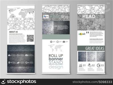 Roll up banner stands, flat design templates, corporate vertical vector flyers, flag layouts. Chemistry pattern, molecular texture, polygonal molecule structure, cell. Microbiology concept.. Set of roll up banner stands, flat design templates, abstract geometric style, modern business concept, corporate vertical vector flyers, flag layouts. Chemistry pattern, molecular texture, polygonal molecule structure, cell. Medicine, science, microbiology concept.