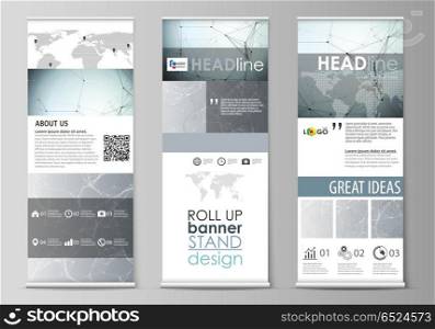 Roll up banner stands, flat design templates, corporate vertical vector flyers, flag layouts. Chemistry pattern, connecting lines and dots, molecule structure, scientific medical DNA research.. Set of roll up banner stands, flat design templates, abstract geometric style, modern business concept, corporate vertical vector flyers, flag layouts. Chemistry pattern, connecting lines and dots, molecule structure, scientific medical DNA research.