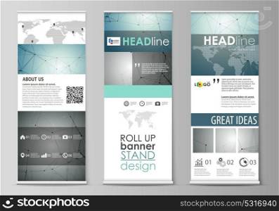 Roll up banner stands, flat design templates, geometric style, corporate vertical vector flyers, flag layouts. Geometric background. Molecular structure. Scientific, medical, technology concept.. Set of roll up banner stands, flat design templates, abstract geometric style, modern business concept, corporate vertical vector flyers, flag layouts. Geometric background, connected line and dots. Molecular structure. Scientific, medical, technology concept.