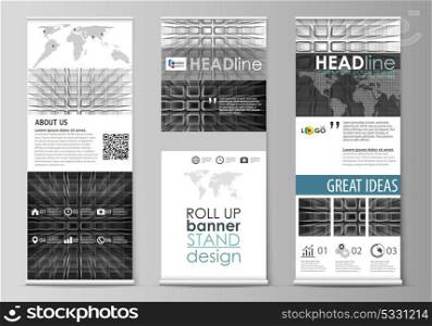 Roll up banner stands, flat design templates, geometric style, corporate vertical vector flyers, flag layouts. Abstract infinity background, 3d structure with rectangles forming illusion of depth.. Set of roll up banner stands, flat design templates, abstract geometric style, modern business concept, corporate vertical vector flyers, flag layouts. Abstract infinity background, 3d structure with rectangles forming illusion of depth and perspective.