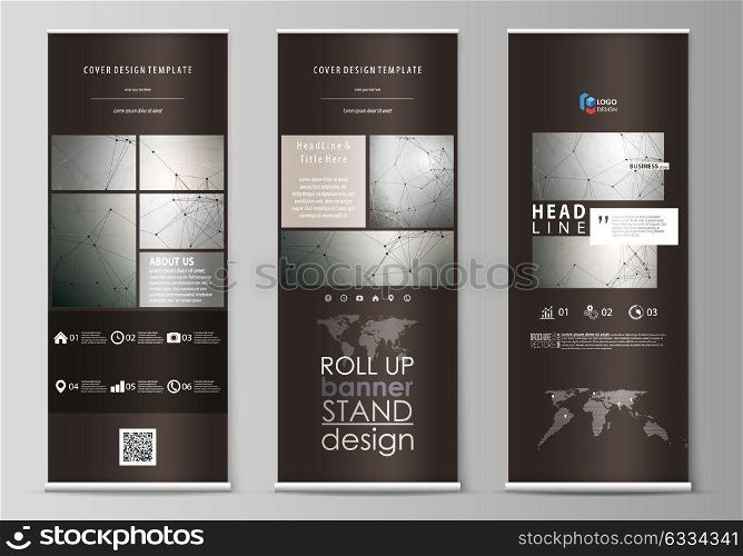 Roll up banner stands, flat design templates, geometric style, corporate vertical vector flyers, flag layouts. Chemistry pattern, molecule structure on gray background. Science and technology concept.. Set of roll up banner stands, flat design templates, abstract geometric style, modern business concept, corporate vertical vector flyers, flag layouts. Chemistry pattern, molecule structure on gray background. Science and technology concept.