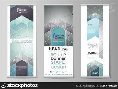 Roll up banner stands, flat design templates, geometric style, corporate vertical vector flyers, flag layouts. Geometric background. Molecular structure. Scientific, medical, technology concept.. Set of roll up banner stands, flat design templates, abstract geometric style, modern business concept, corporate vertical vector flyers, flag layouts. Geometric background, connected line and dots. Molecular structure. Scientific, medical, technology concept.