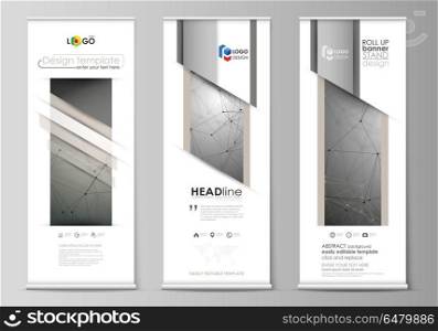 Roll up banner stands, flat design templates, geometric style, corporate vertical vector flyers, flag layouts. Chemistry pattern, molecule structure on gray background. Science and technology concept.. Set of roll up banner stands, flat design templates, abstract geometric style, modern business concept, corporate vertical vector flyers, flag layouts. Chemistry pattern, molecule structure on gray background. Science and technology concept.