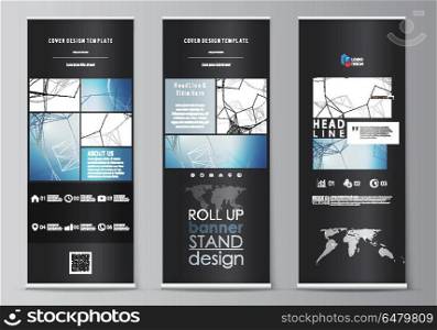 Roll up banner stands, flat design templates, geometric style, vertical vector flyers, flag layouts. Geometric blue color background, molecule structure, science concept. Connected lines and dots.. Set of roll up banner stands, flat design templates, abstract geometric style, modern business concept, corporate vertical vector flyers, flag layouts. Geometric blue color background, molecule structure, science concept. Connected lines and dots.