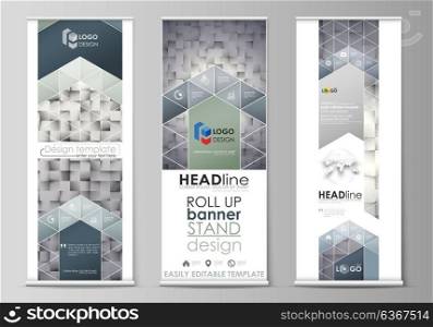 Roll up banner stands, flat design templates, modern business concept, corporate vertical vector flyers, flag layouts. Pattern made from squares, gray background in geometrical style. Simple texture.. Set of roll up banner stands, flat design templates, abstract geometric style, modern business concept, corporate vertical vector flyers, flag layouts. Pattern made from squares, gray background in geometrical style. Simple texture.