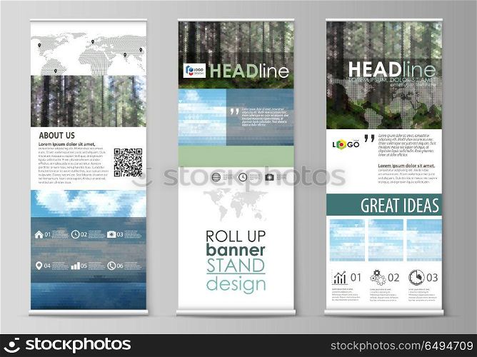 Roll up banner stands, flat design templates, vertical vector flyers, flag layouts. Colorful background, triangular or hexagonal texture for travel business, natural landscape in polygonal style.. Set of roll up banner stands, flat design templates, abstract geometric style, modern business concept, corporate vertical vector flyers, flag layouts. Colorful background made of triangular or hexagonal texture for travel business, natural landscape in polygonal style.