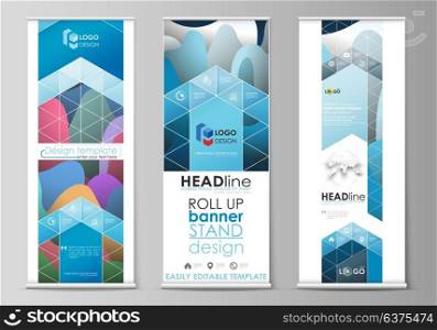 Roll up banner stands, flat geometric style templates, modern business concept, corporate vertical vector flyers, flag layouts. Colorful design pattern, shapes forming abstract beautiful background.. Set of roll up banner stands, flat design templates, abstract geometric style, modern business concept, corporate vertical vector flyers, flag banner layouts. Bright color pattern, colorful design with overlapping shapes forming abstract beautiful background.
