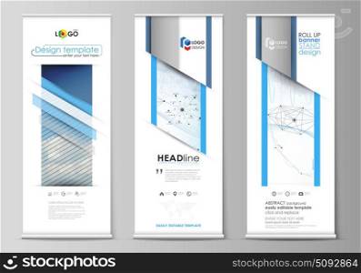 Roll up banner stands, geometric design templates, business concept, corporate vertical vector flyers, flag layouts. Blue color abstract infographic background with lines, symbols, other elements.. Set of roll up banner stands, flat design templates, abstract geometric style, modern business concept, corporate vertical vector flyers, flag layouts. Blue color abstract infographic background in minimalist style made from lines, symbols, charts, diagrams and other elements.