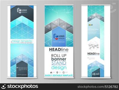 Roll up banner stands, geometric design templates, vertical vector flyers, flag layouts. Chemistry pattern, connecting lines and dots, molecule structure, medical DNA research. Medicine concept.. Set of roll up banner stands, flat design templates, abstract geometric style, modern business concept, corporate vertical vector flyers, flag layouts. Chemistry pattern, connecting lines and dots, molecule structure, medical DNA research. Medicine concept.