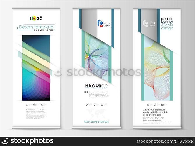 Roll up banner stands, geometric flat style templates, business concept, corporate vertical vector flyers, flag layout. Colorful design background with abstract shapes and waves, overlap effect. Set of roll up banner stands, geometric flat style templates, business concept, corporate vertical vector flyers, flag layout. Colorful design background with abstract shapes and waves, overlap effect