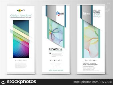 Roll up banner stands, geometric flat style templates, business concept, corporate vertical vector flyers, flag layout. Colorful design background with abstract shapes and waves, overlap effect. Set of roll up banner stands, geometric flat style templates, business concept, corporate vertical vector flyers, flag layout. Colorful design background with abstract shapes and waves, overlap effect