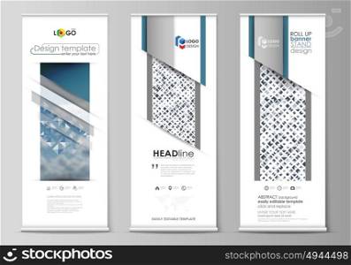 Roll up banner stands, geometric flat style templates, modern business concept, corporate vertical vector flyers, flag layouts. Blue color pattern with rhombuses, abstract design background.. Set of roll up banner stands, flat design templates, abstract geometric style, modern business concept, corporate vertical vector flyers, flag banner layouts. Blue color pattern with rhombuses, abstract design geometrical vector background. Simple modern stylish texture.