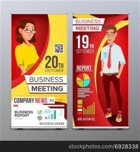 Roll Up Banner Vector. Vertical Billboard Template. Businessman And Business Woman. Expo, Presentation, Festival. For Corporate Forum. Presentation Concept. Red, Yellow. Realistic Flat Illustration. Roll Up Display Vector. Vertical Poster Template Layout. Businessman And Business Woman. Tech, Science. For Business Meeting. Advertising Concept. Red, Yellow. Business Cartoon Illustration